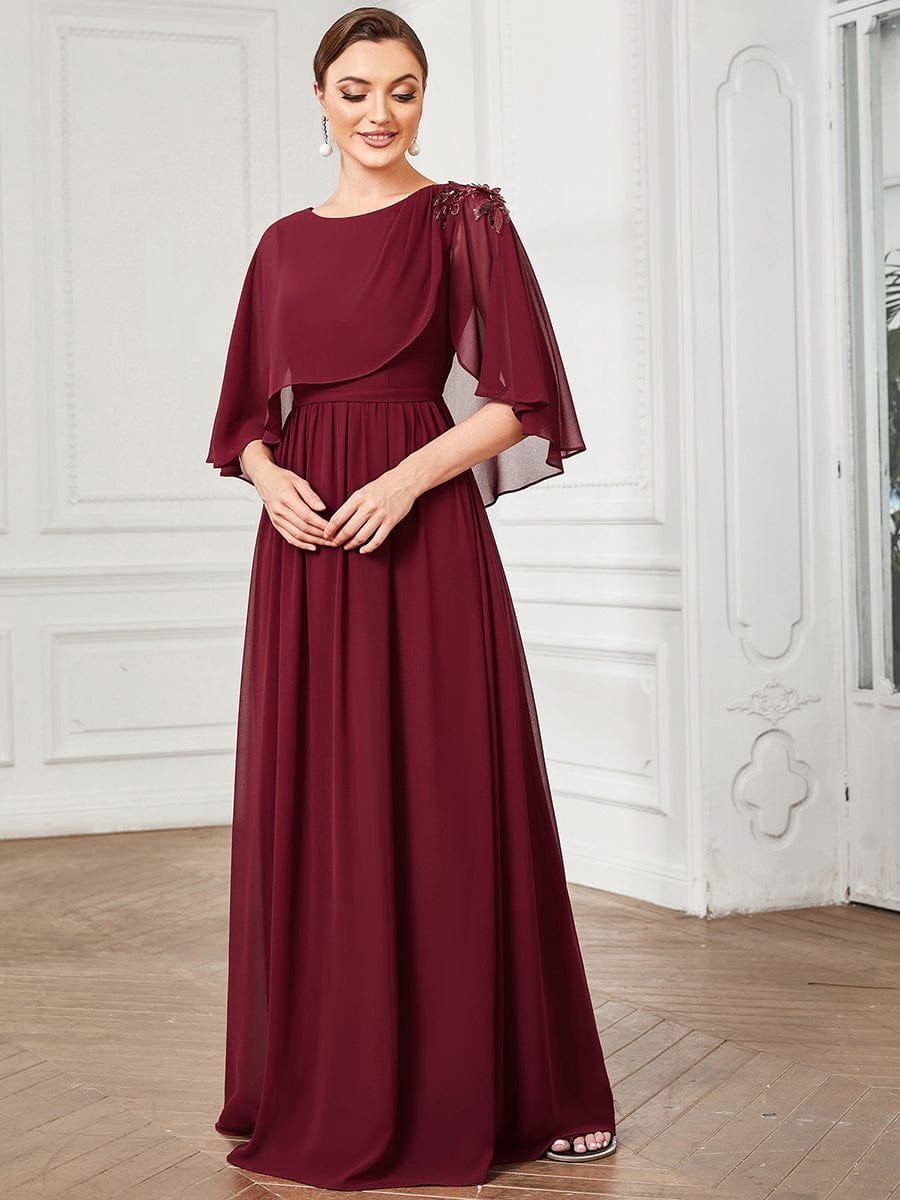 Crew neck A-Line Chiffon Cape Mother of the Bride Dress #color_Burgundy