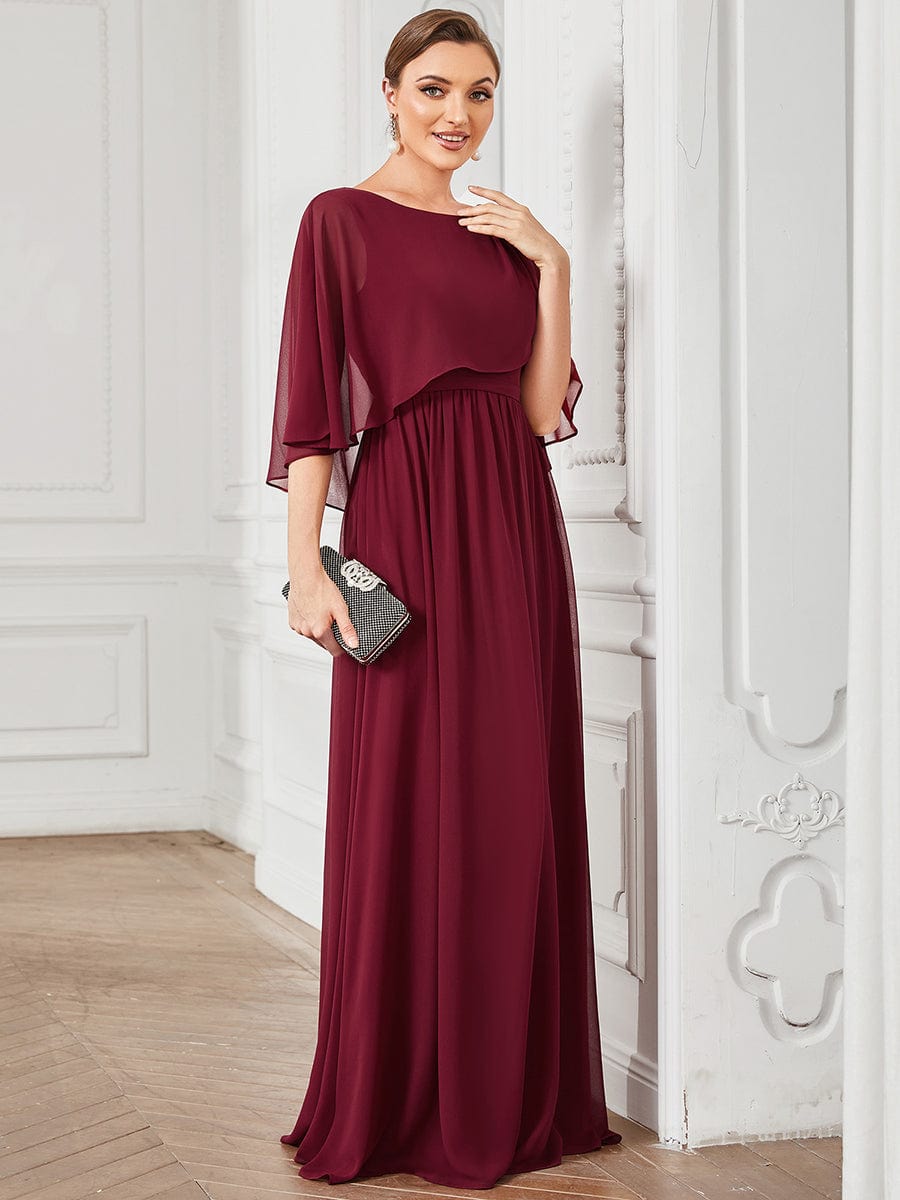 Crew neck A-Line Chiffon Cape Mother of the Bride Dress #color_Burgundy