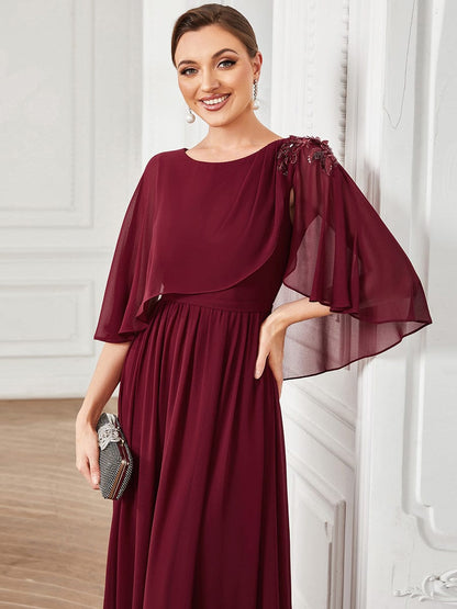 Crew neck A-Line Chiffon Cape Mother of the Bride Dress #color_Burgundy