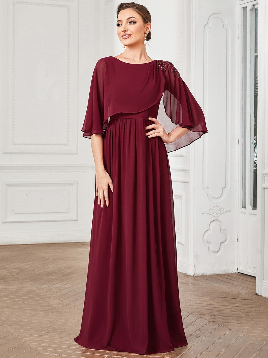 Crew neck A-Line Chiffon Cape Mother of the Bride Dress #color_Burgundy