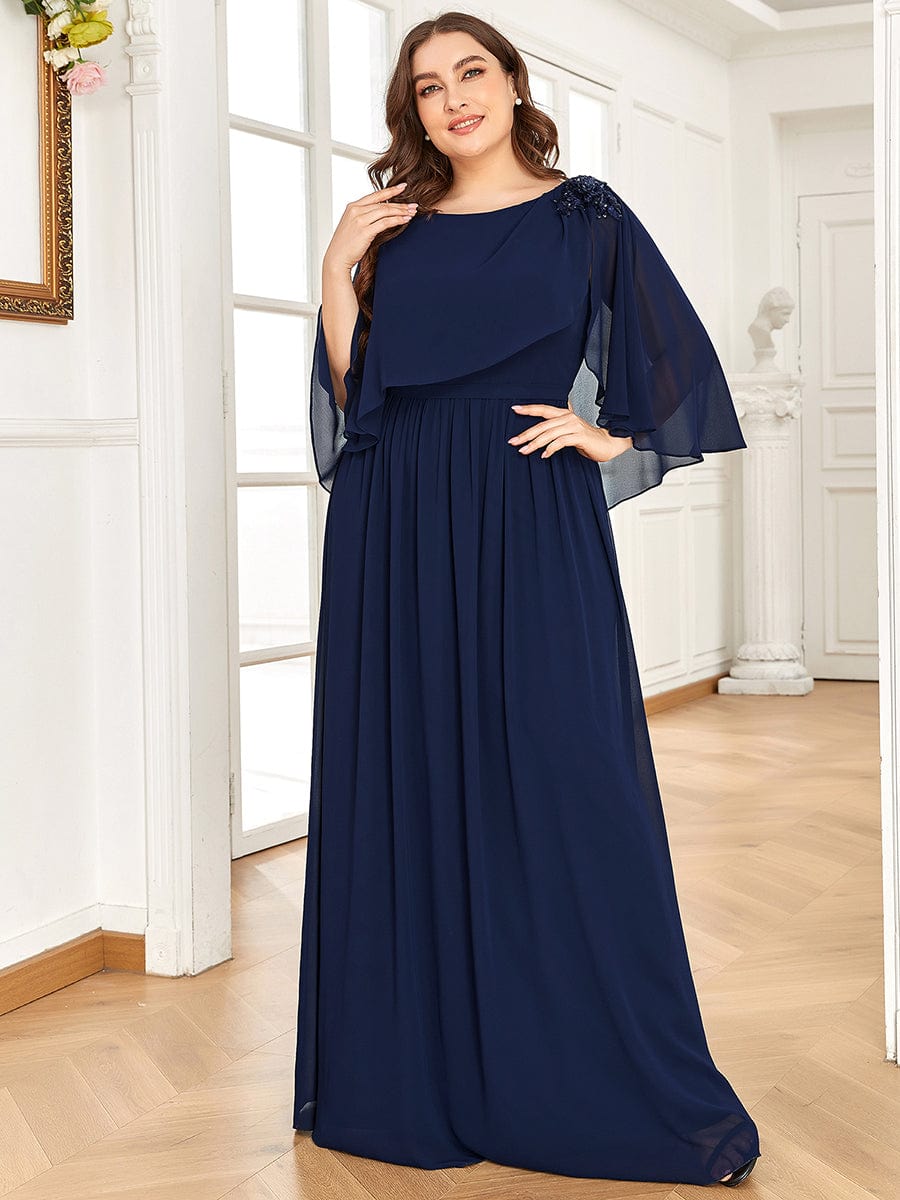 Crew neck A-Line Chiffon Cape Mother of the Bride Dress #color_Navy Blue