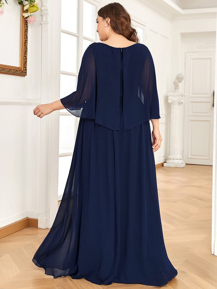 Sequin Applique Chiffon Cape A-Line Mother of the Bride Dress #color_Navy Blue