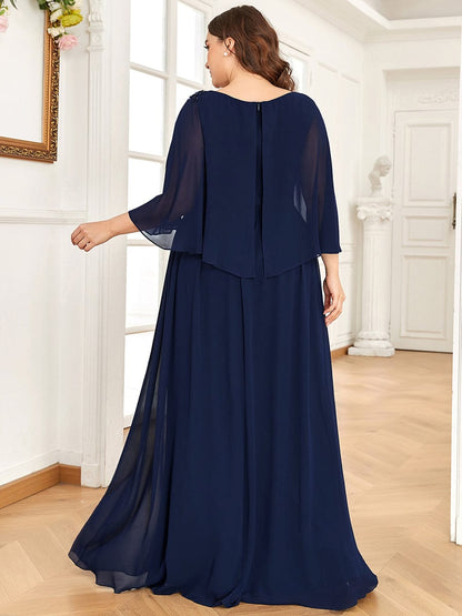 Sequin Applique Chiffon Cape A-Line Mother of the Bride Dress #color_Navy Blue