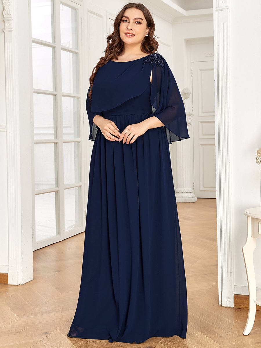 Sequin Applique Chiffon Cape A-Line Mother of the Bride Dress #color_Navy Blue