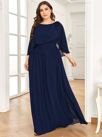 Sequin Applique Chiffon Cape A-Line Mother of the Bride Dress #color_Navy Blue