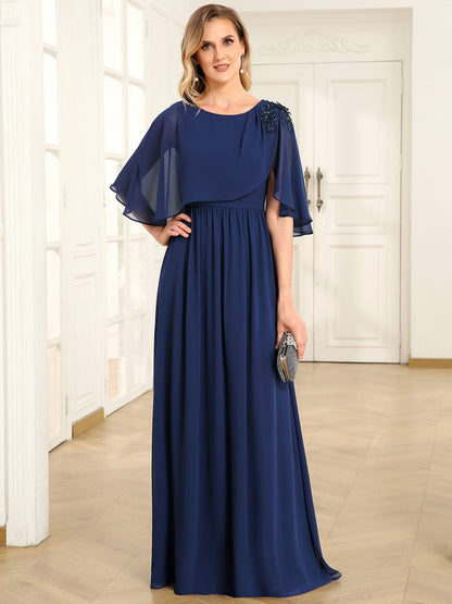 Crew neck A-Line Chiffon Cape Mother of the Bride Dress #color_Navy Blue