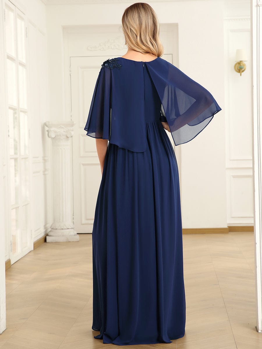 Crew neck A-Line Chiffon Cape Mother of the Bride Dress #color_Navy Blue