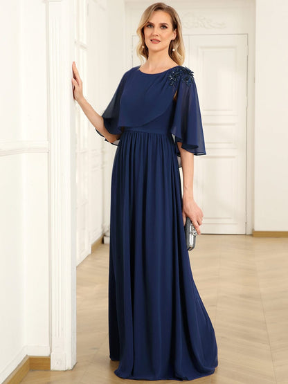 Crew neck A-Line Chiffon Cape Mother of the Bride Dress #color_Navy Blue