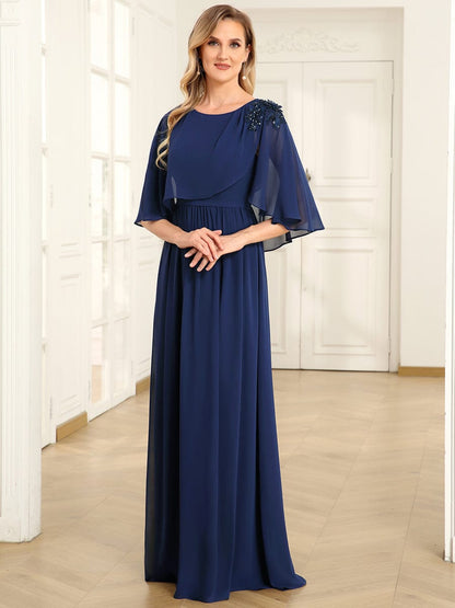 Crew neck A-Line Chiffon Cape Mother of the Bride Dress #color_Navy Blue