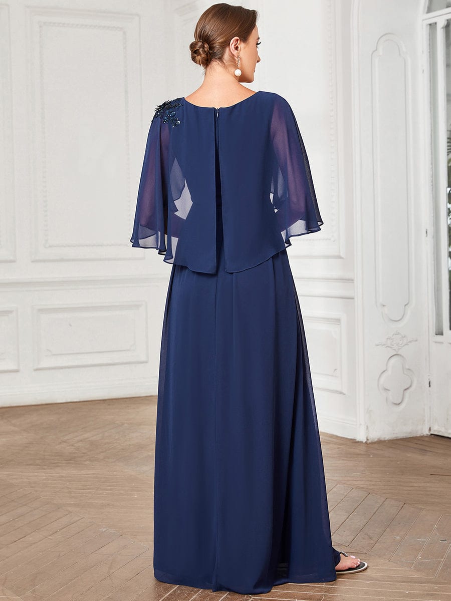 Crew neck A-Line Chiffon Cape Mother of the Bride Dress #color_Navy Blue