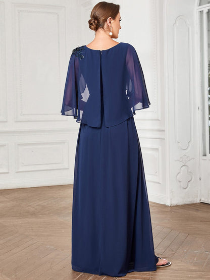 Crew neck A-Line Chiffon Cape Mother of the Bride Dress #color_Navy Blue