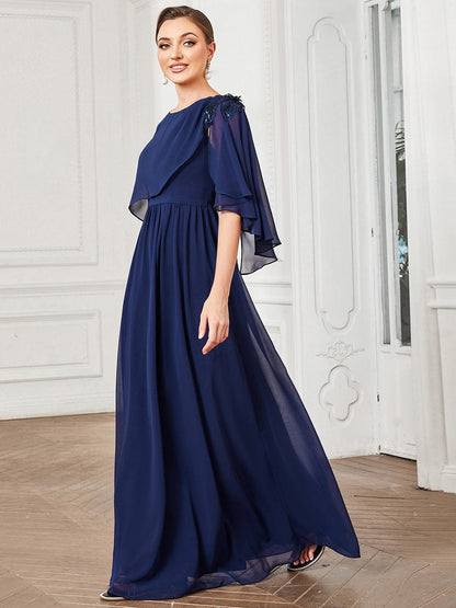 Crew neck A-Line Chiffon Cape Mother of the Bride Dress #color_Navy Blue