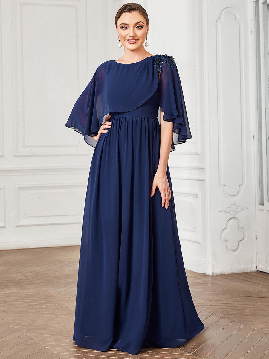 Crew neck A-Line Chiffon Cape Mother of the Bride Dress #color_Navy Blue