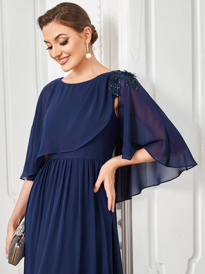 Crew neck A-Line Chiffon Cape Mother of the Bride Dress #color_Navy Blue