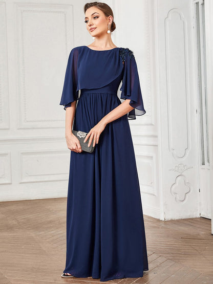 Crew neck A-Line Chiffon Cape Mother of the Bride Dress #color_Navy Blue