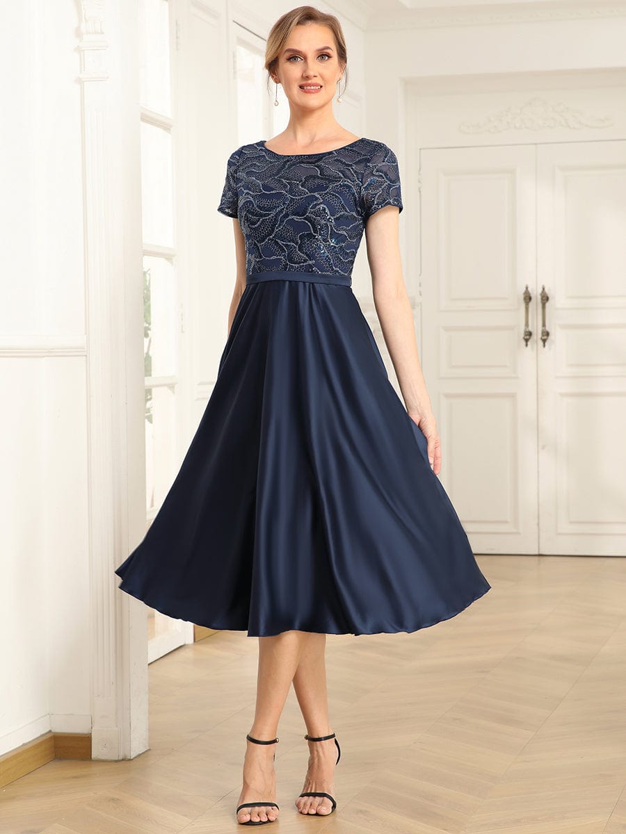 Sequin Short Sleeve Chiffon Midi Mother of the Bride Dress #color_Navy Blue