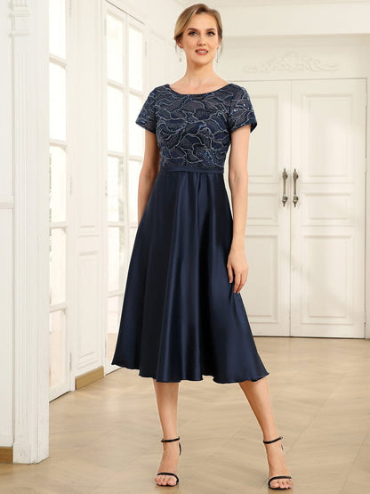 Sequin Short Sleeve Chiffon Midi Mother of the Bride Dress