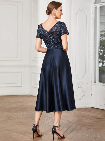 Sequin Short Sleeve Chiffon Midi Mother of the Bride Dress #color_Navy Blue