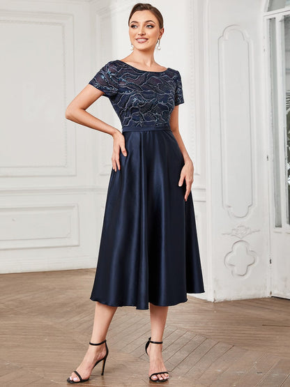 Sequin Short Sleeve Chiffon Midi Mother of the Bride Dress #color_Navy Blue