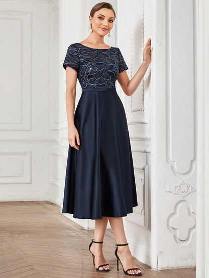 Sequin Short Sleeve Chiffon Midi Mother of the Bride Dress #color_Navy Blue