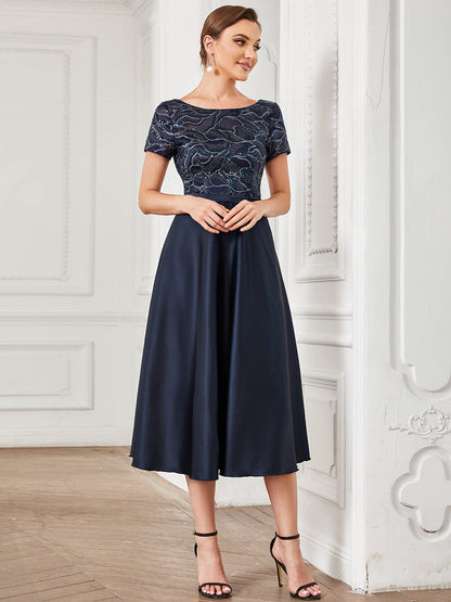 Sequin Short Sleeve Chiffon Midi Mother of the Bride Dress #color_Navy Blue