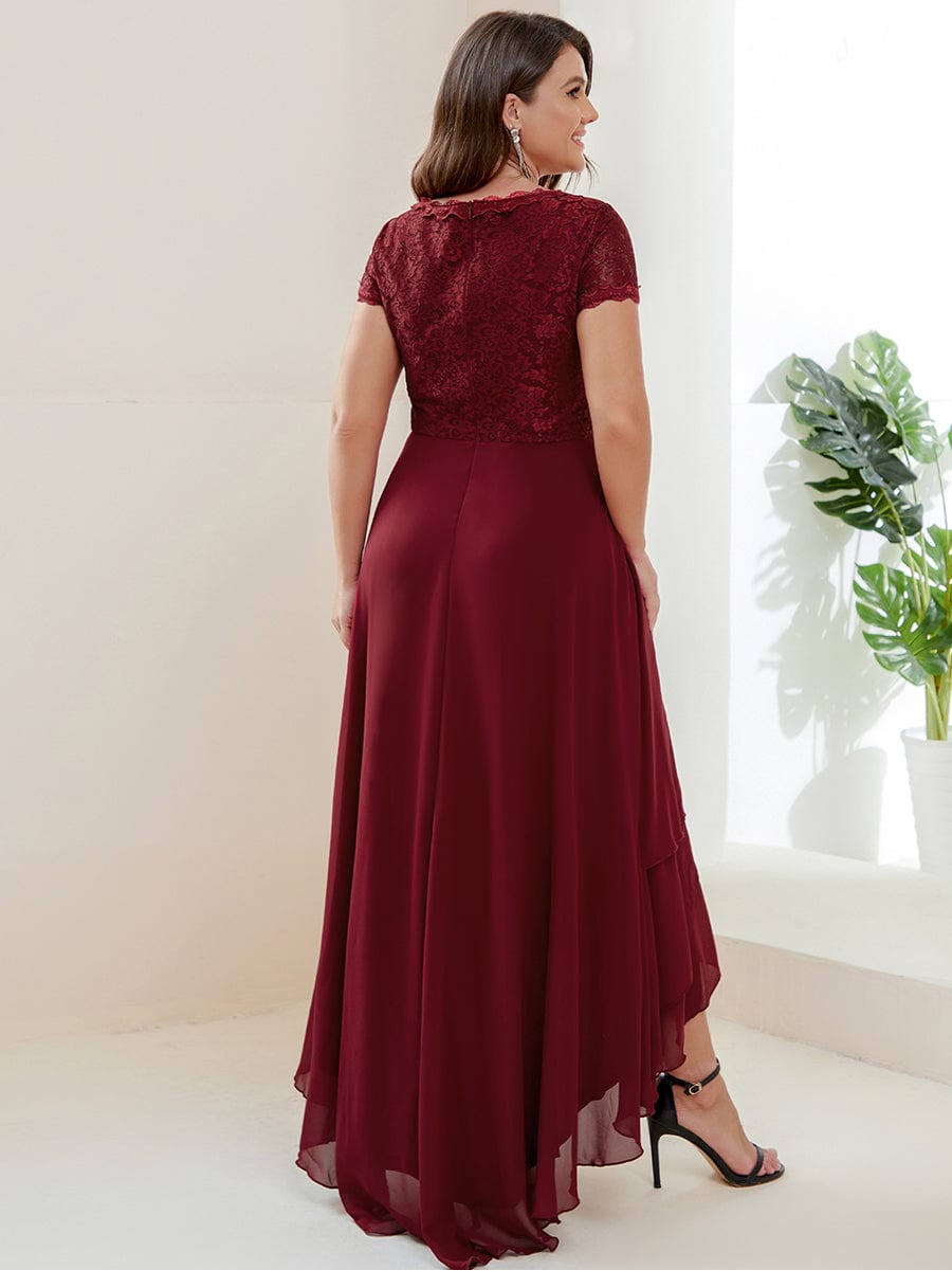 Short Sleeve Vintage Lace Short Sleeve High Low Mother of the Bride Dress #color_Burgundy