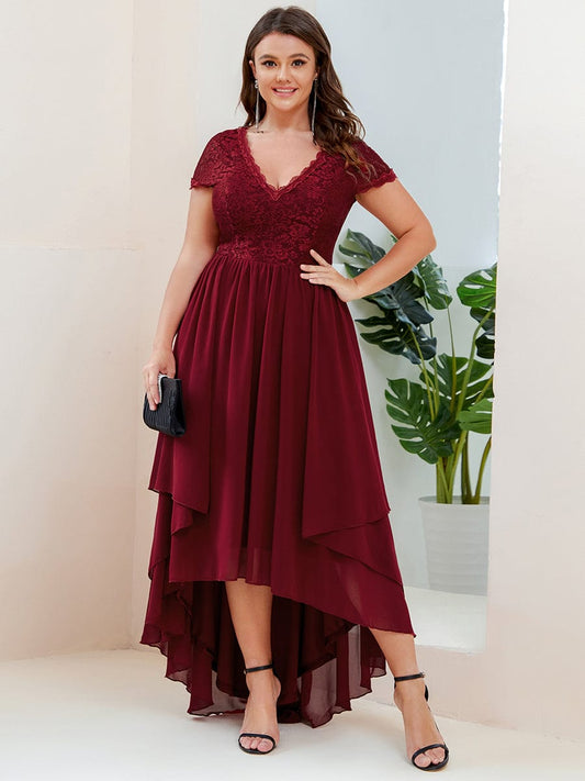 Plus Size High Low Short Sleeve Vintage Lace Mother of the Bride Dress #color_Burgundy