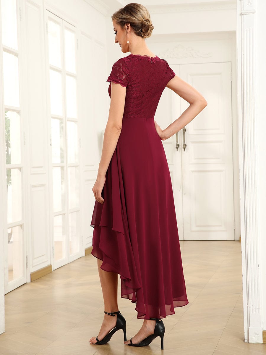 Short Sleeve Vintage Lace Short Sleeve High Low Mother of the Bride Dress #color_Burgundy