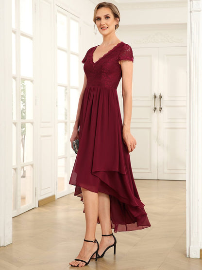 Short Sleeve Vintage Lace Short Sleeve High Low Mother of the Bride Dress #color_Burgundy