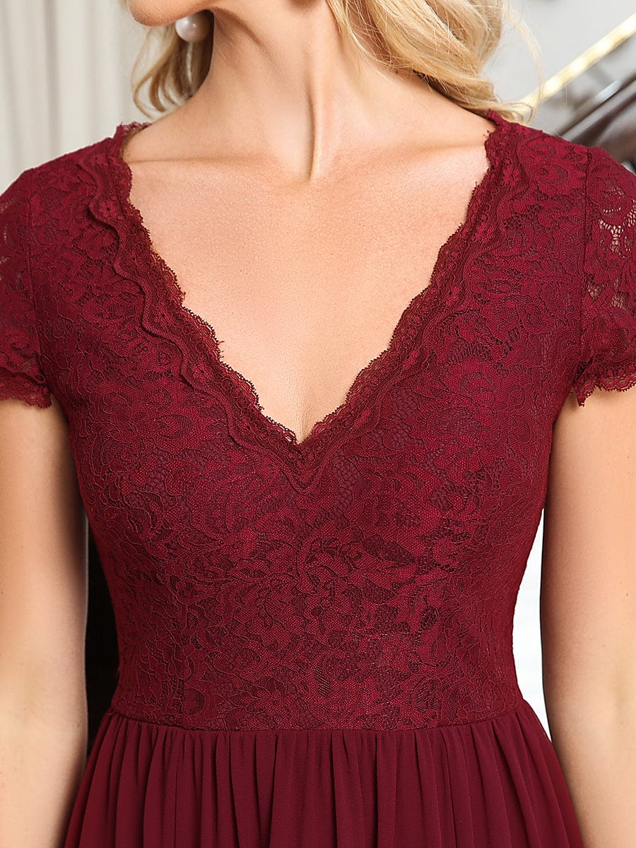 Short Sleeve Vintage Lace Short Sleeve High Low Mother of the Bride Dress #color_Burgundy