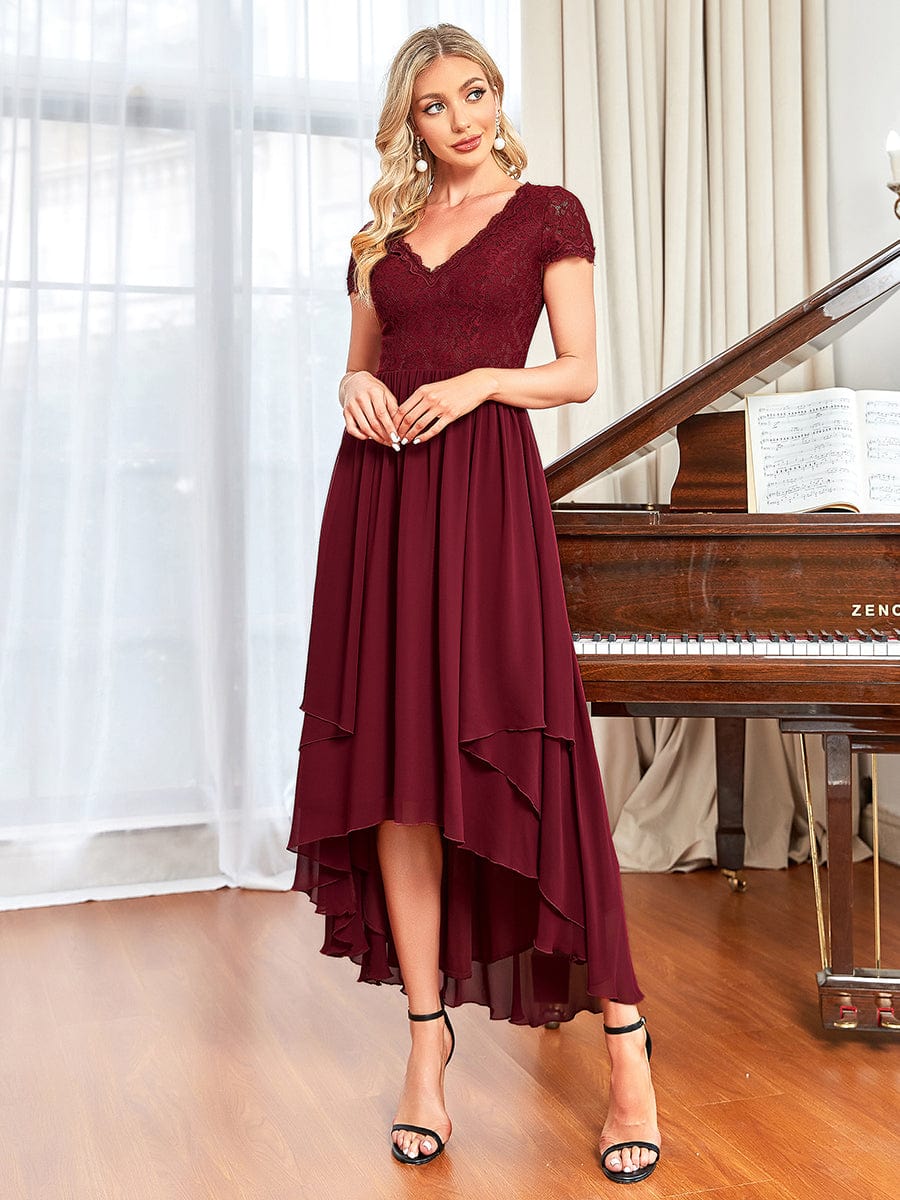 Short Sleeve Vintage Lace Short Sleeve High Low Mother of the Bride Dress #color_Burgundy