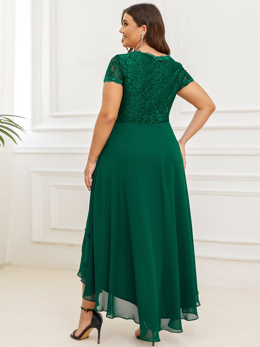 Short Sleeve Vintage Lace Short Sleeve High Low Mother of the Bride Dress #color_Dark Green