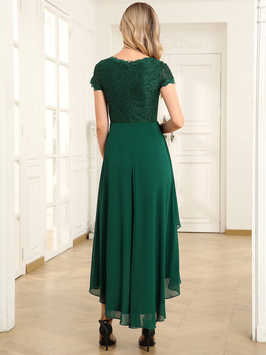 Short Sleeve Vintage Lace Short Sleeve High Low Mother of the Bride Dress #color_Dark Green