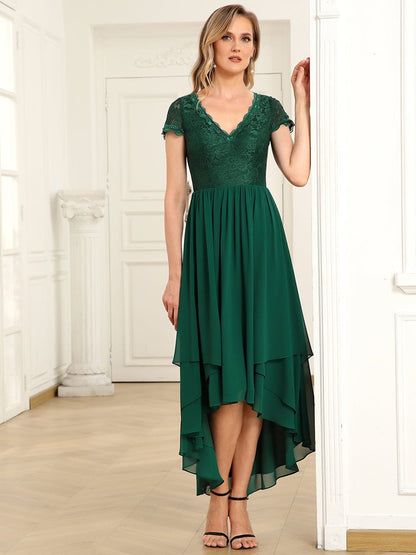 Short Sleeve Vintage Lace Short Sleeve High Low Mother of the Bride Dress #color_Dark Green