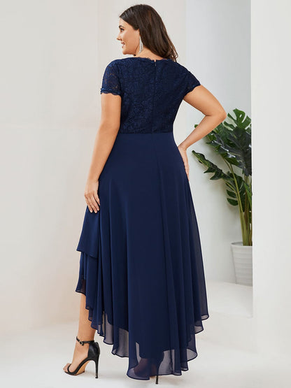 Short Sleeve Vintage Lace Short Sleeve High Low Mother of the Bride Dress #color_Navy Blue