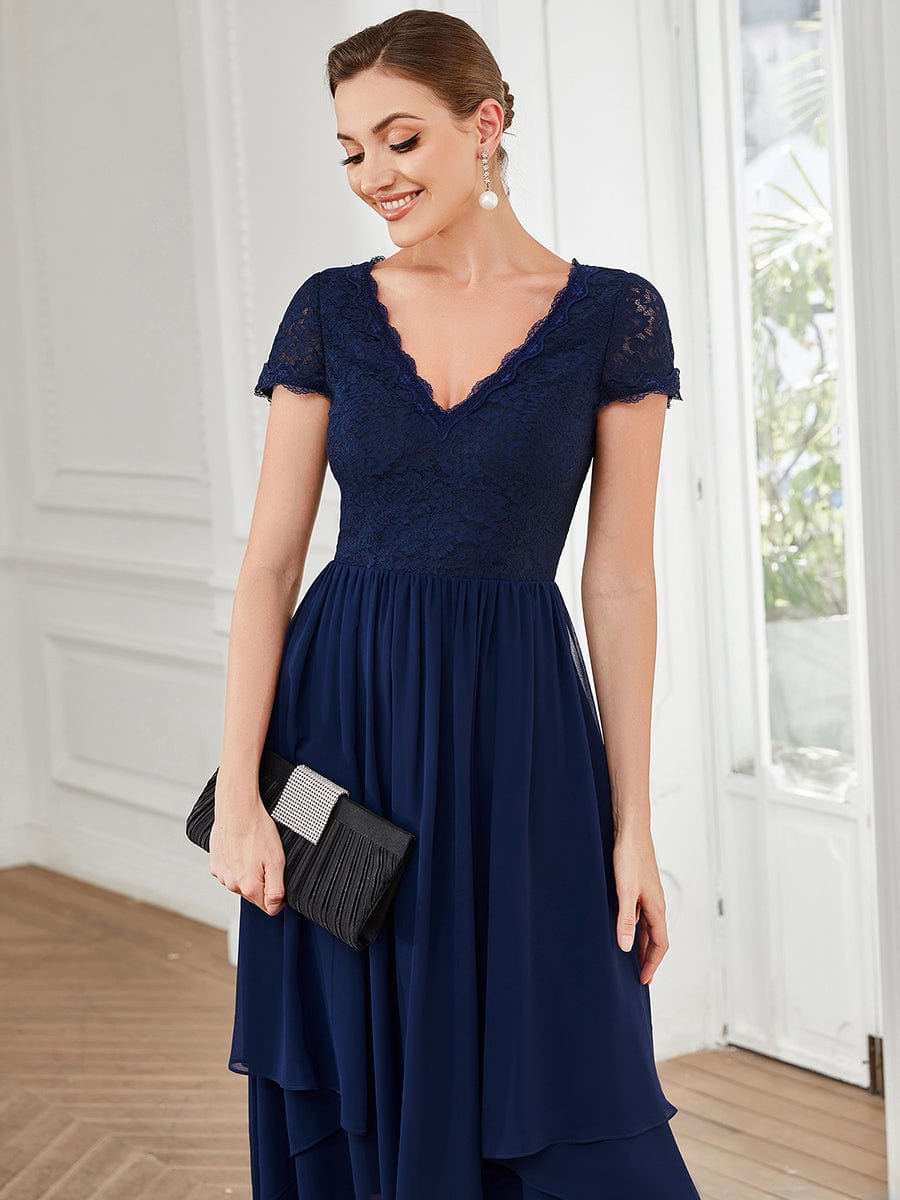 Short Sleeve Vintage Lace Short Sleeve High Low Mother of the Bride Dress #color_Navy Blue