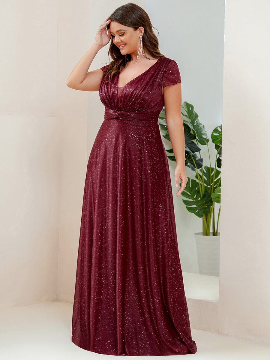 Custom Size Plus Size Cap Sleeve V-neck A-line Mother of the Bride Dress #color_Burgundy