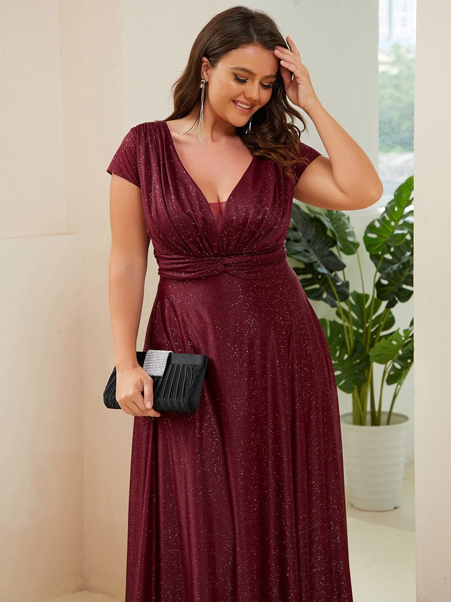 Custom Size Plus Size Cap Sleeve V-neck A-line Mother of the Bride Dress #color_Burgundy