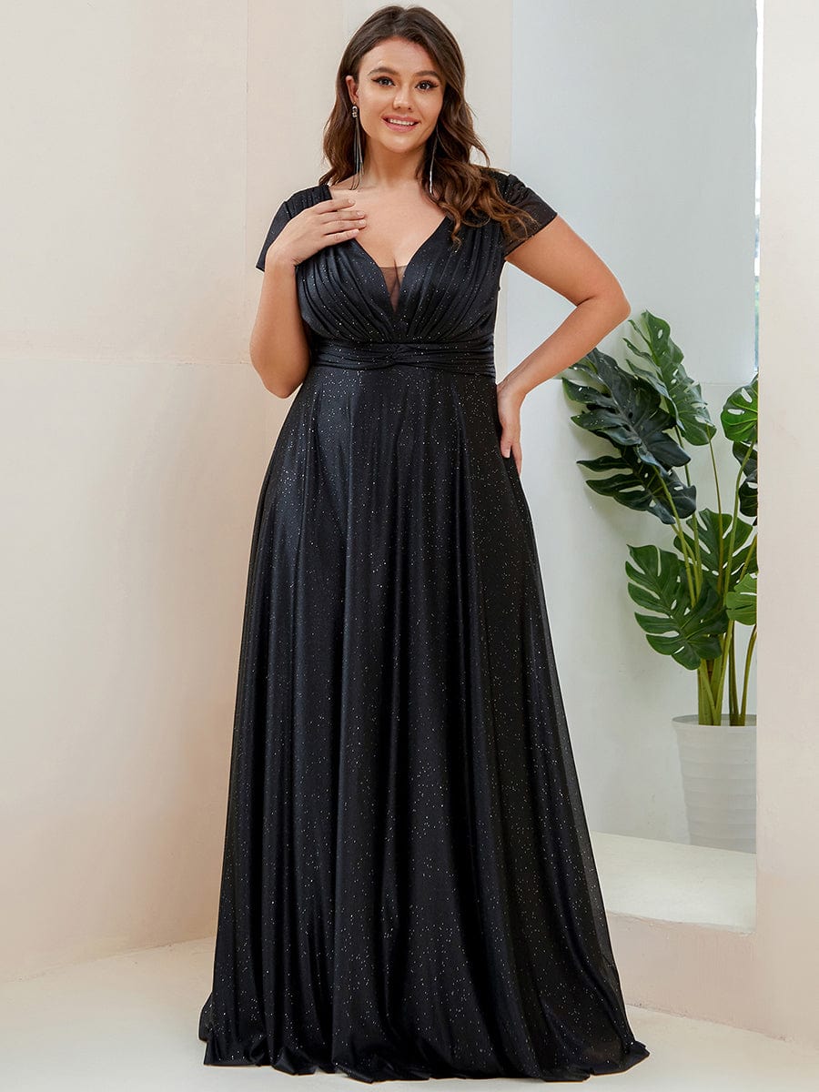 Custom Size Plus Size Cap Sleeve V-neck A-line Mother of the Bride Dress #color_Black