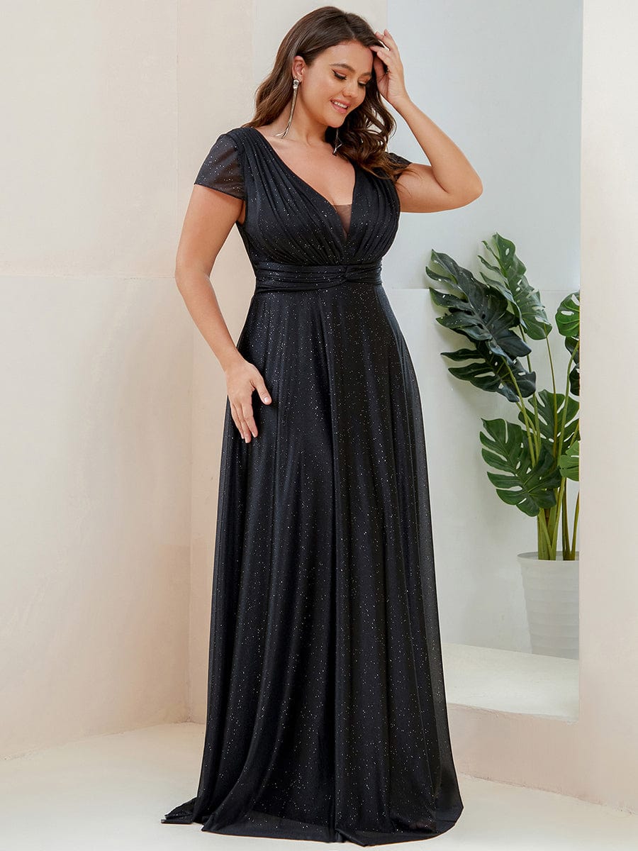 Custom Size Plus Size Cap Sleeve V-neck A-line Mother of the Bride Dress #color_Black