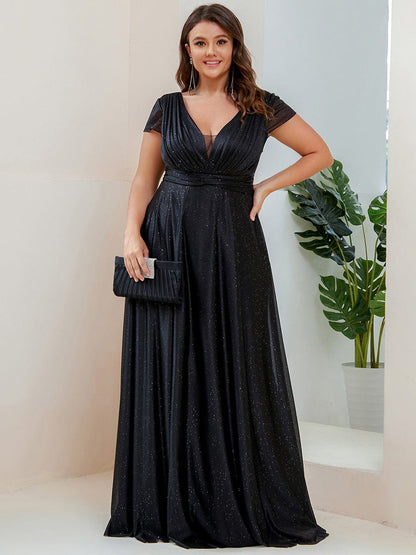 Custom Size Plus Size Cap Sleeve V-neck A-line Mother of the Bride Dress #color_Black