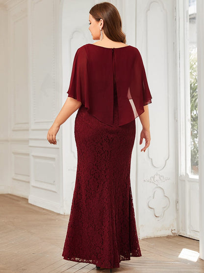 Custom Size Floral Embroidered Lace Sheath Gown With Chiffon capelet #color_Burgundy