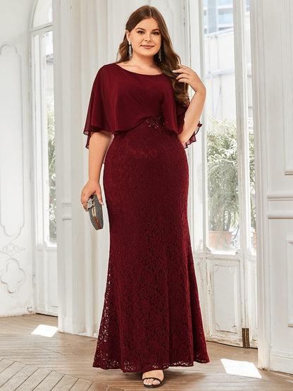 Custom Size Floral Embroidered Lace Sheath Gown With Chiffon capelet #color_Burgundy