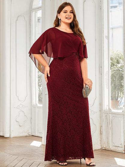 Plus Size Lace Fishtail Chiffon Coverup Mother of the Bride Dress #color_Burgundy