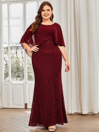 Custom Size Floral Embroidered Lace Sheath Gown With Chiffon capelet #color_Burgundy