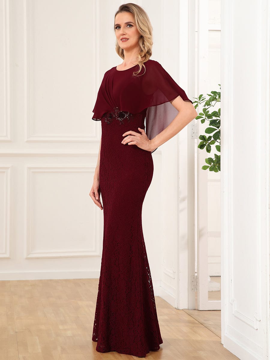 Lace Fishtail Chiffon Coverup Mother Of The Bride Dress #color_Burgundy