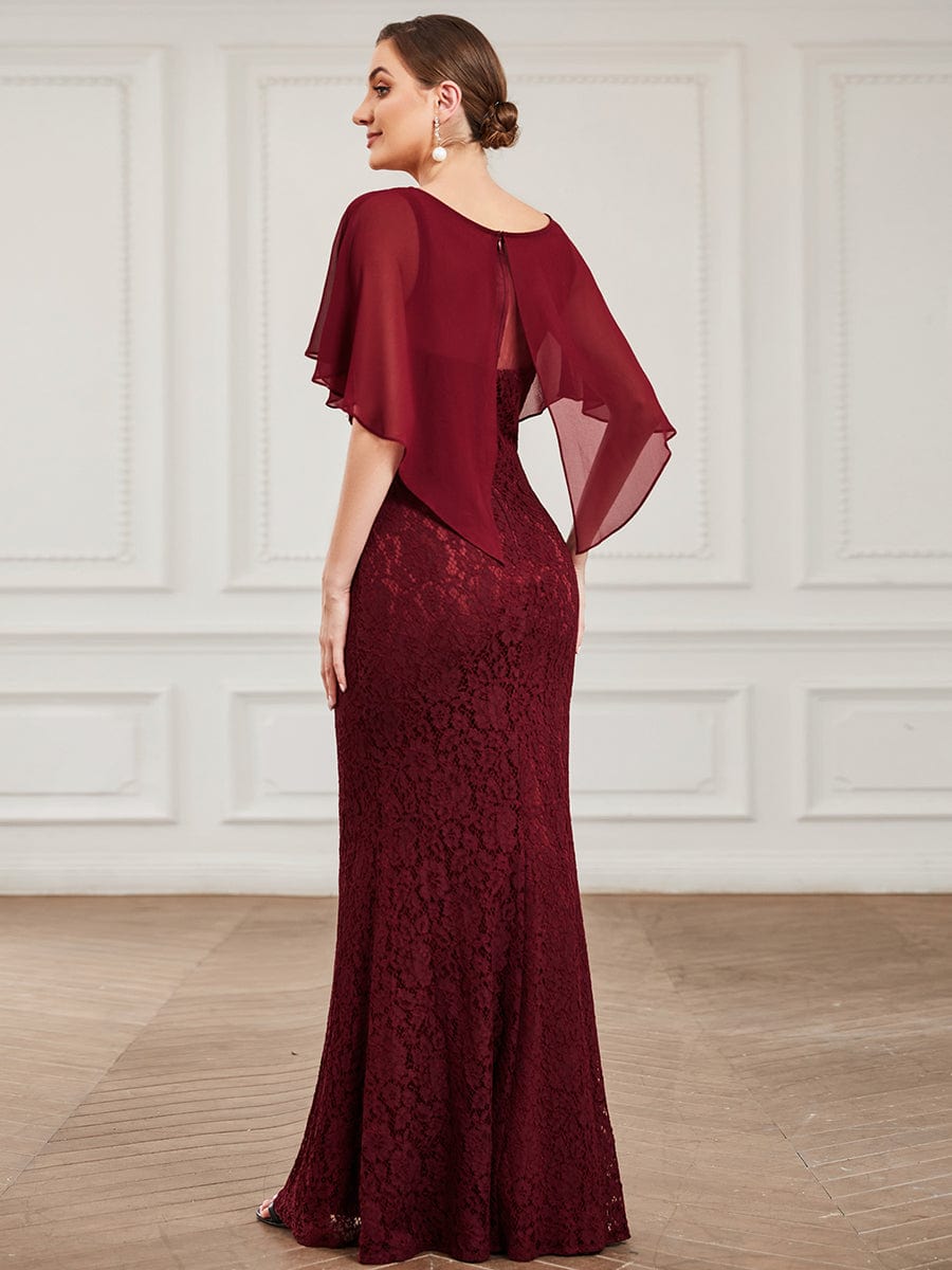 Lace Fishtail Chiffon Coverup Mother Of The Bride Dress #color_Burgundy