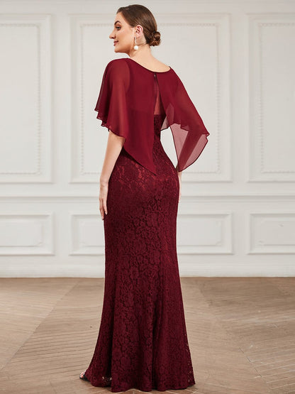 Lace Fishtail Chiffon Coverup Mother Of The Bride Dress #color_Burgundy