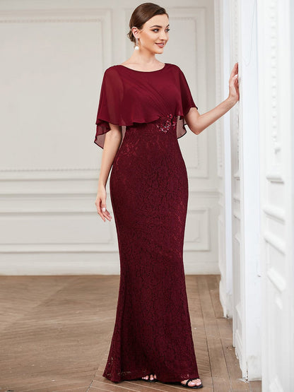 Lace Fishtail Chiffon Coverup Mother Of The Bride Dress #color_Burgundy