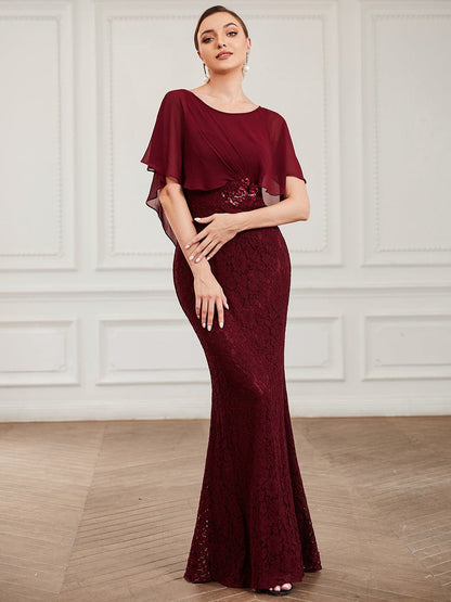 Lace Fishtail Chiffon Coverup Mother Of The Bride Dress #color_Burgundy